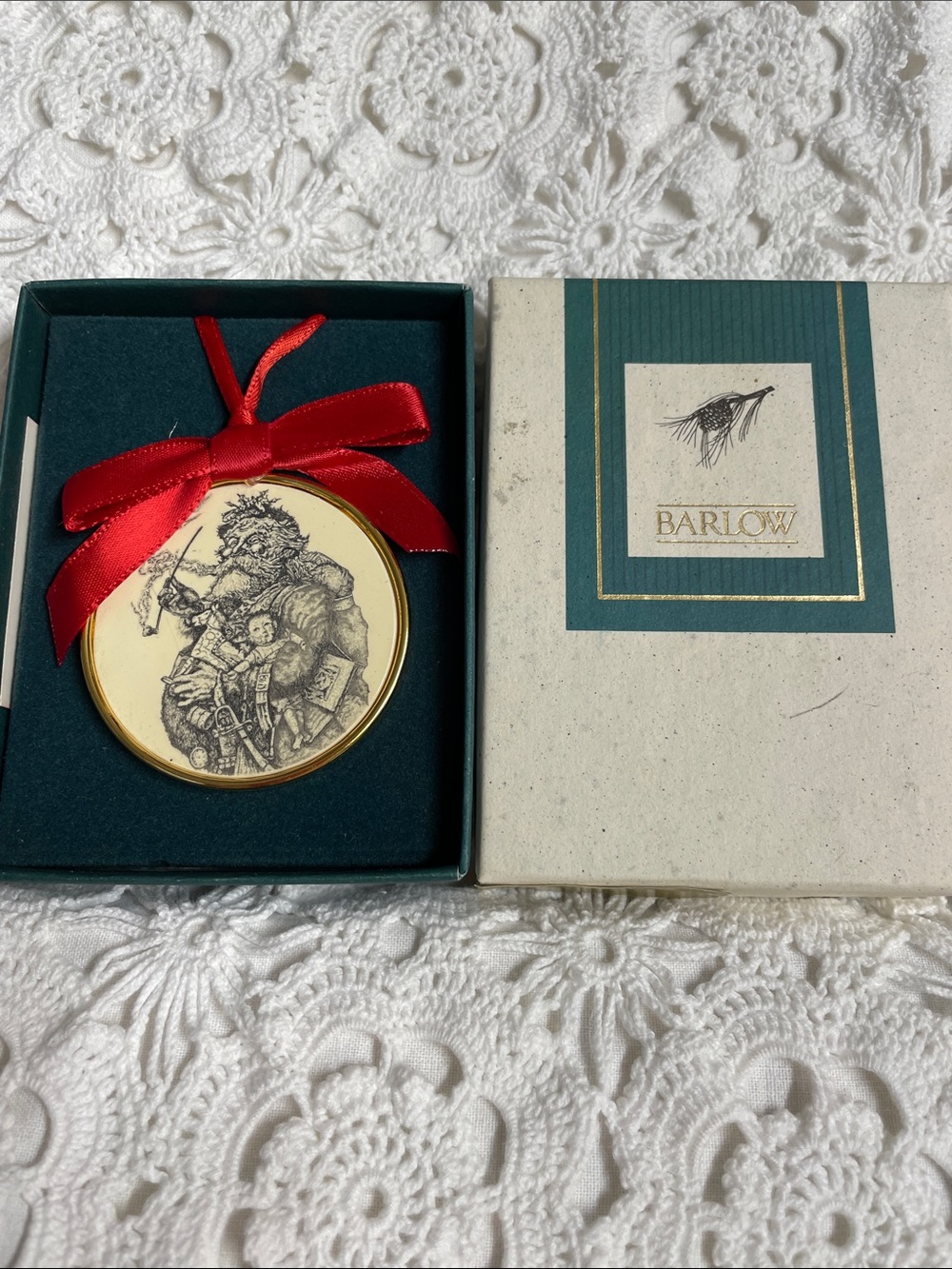Vintage Barlow Gold-Tone Round Holiday Ornament with Red Ribbon In box